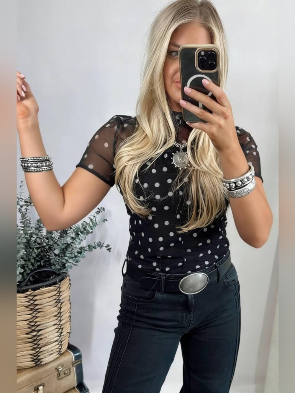 Women's Black Polka Dot Mesh Mock Neck Lightweight Top- Full & Plus Sizes - Picture 2 of 9